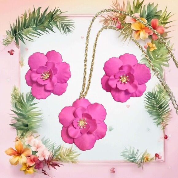3 pc Bright Pink Flower Earrings NECKLACE Jewelry Set - Picture 2 of 7